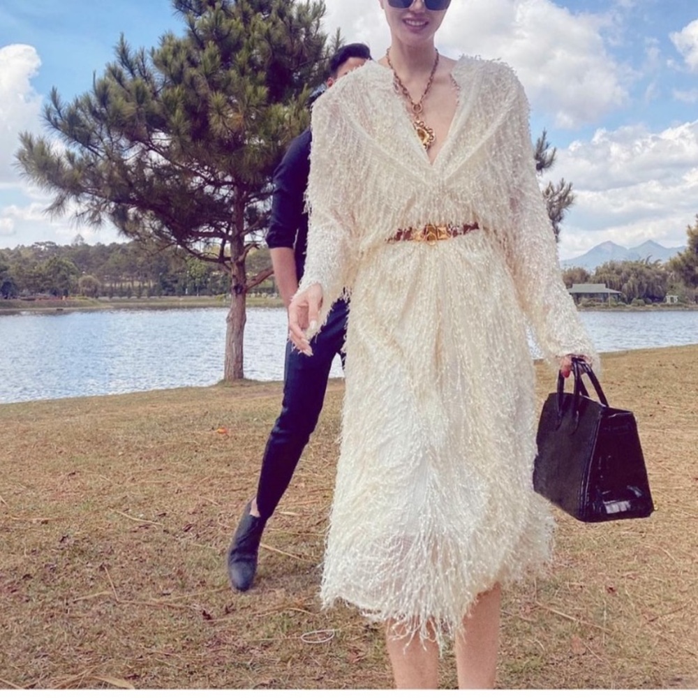 ZARA Textured Weave Fringe Cream Dress